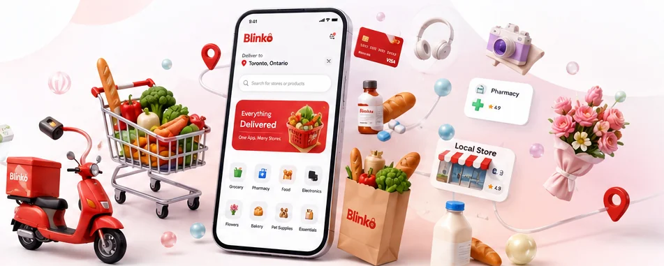 Blinko app preview — everything delivered, one app, many stores